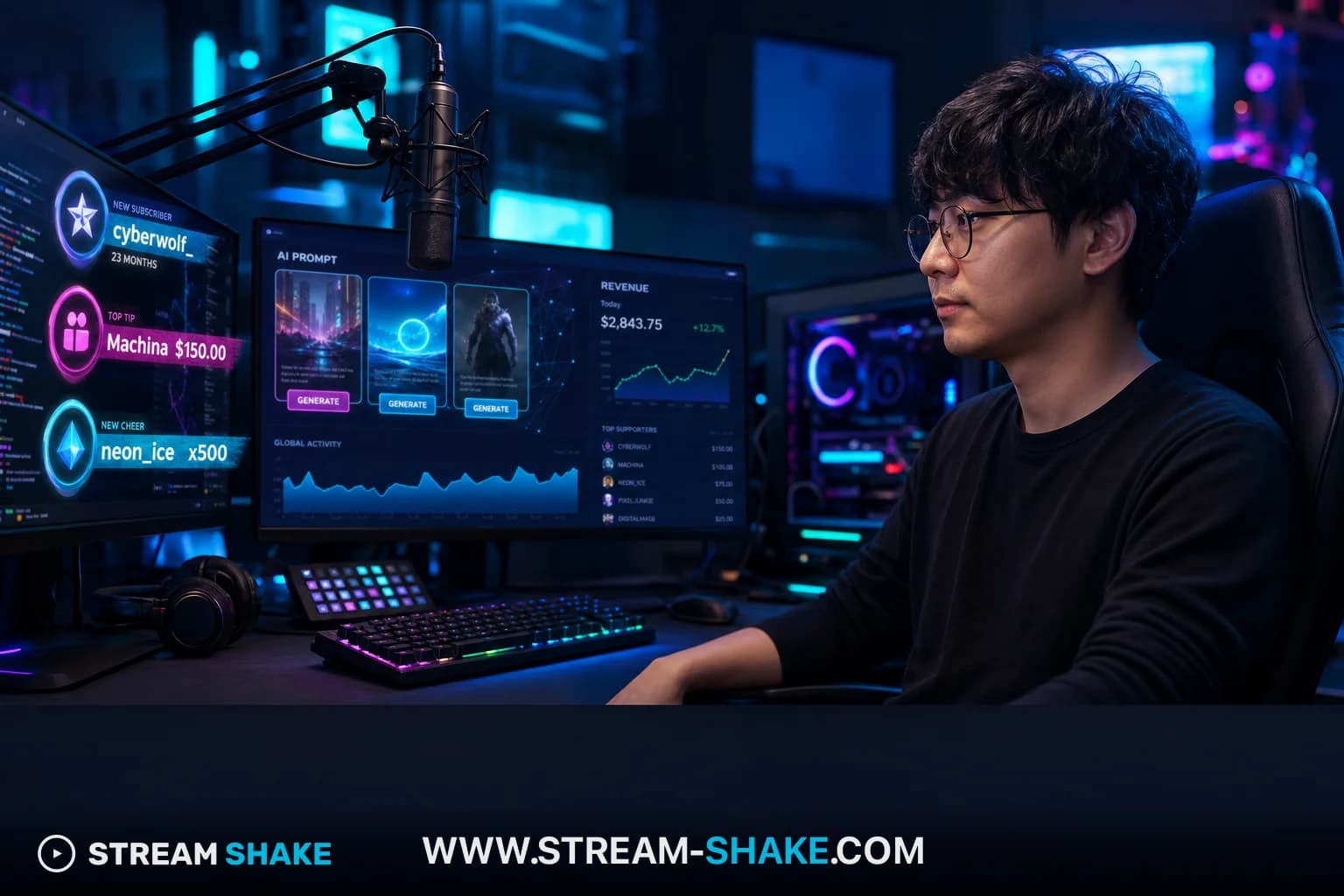 1000 Twitch Bits에 환호하며 축하하는 스트리머의 모습이 화면에 나타나 디지털 화폐의 가치를 보여줍니다.