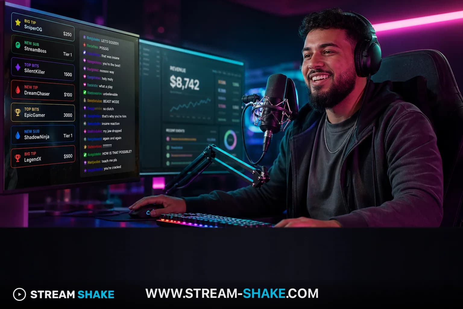 A Twitch stream interface showing a chat with '20 Bits for Text-to-Speech' prominently displayed, with Bit icons flowing.