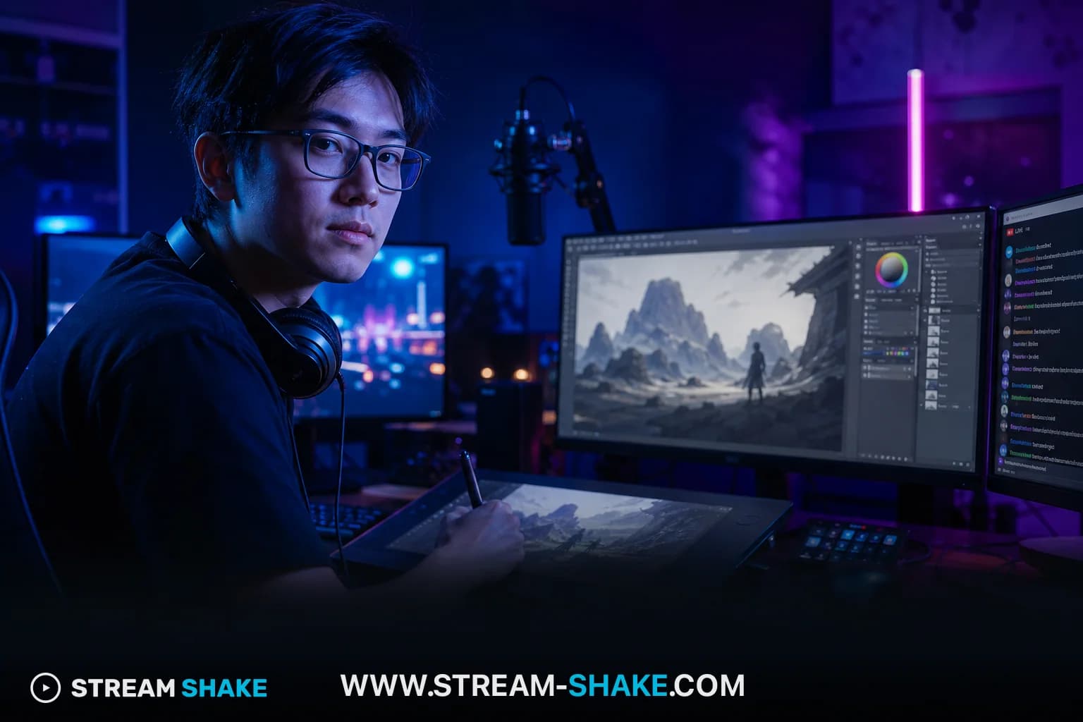 A digital artist streaming their creative process on Twitch, with an overlay showing chat and artwork, against a vibrant, futuristic background.