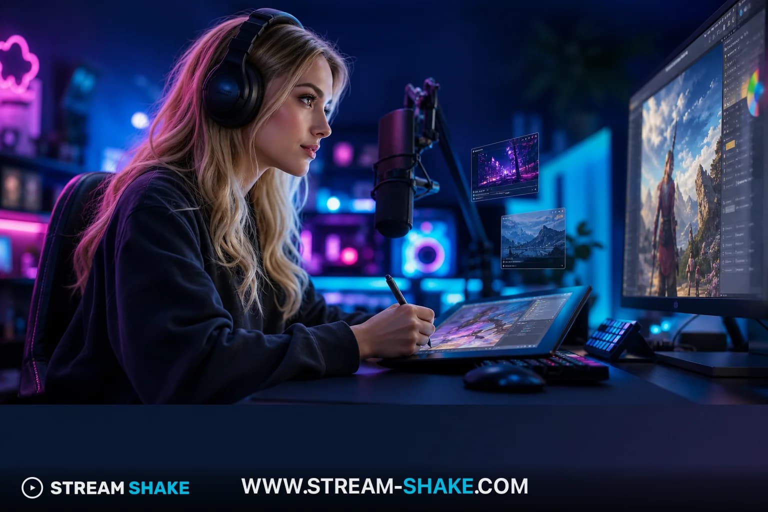 Artysta cyfrowy rysujący na tablecie, z elementami streamingu na żywo z Twitcha na ekranie, reprezentujący kreatywny streaming i rozwój dla artystów.