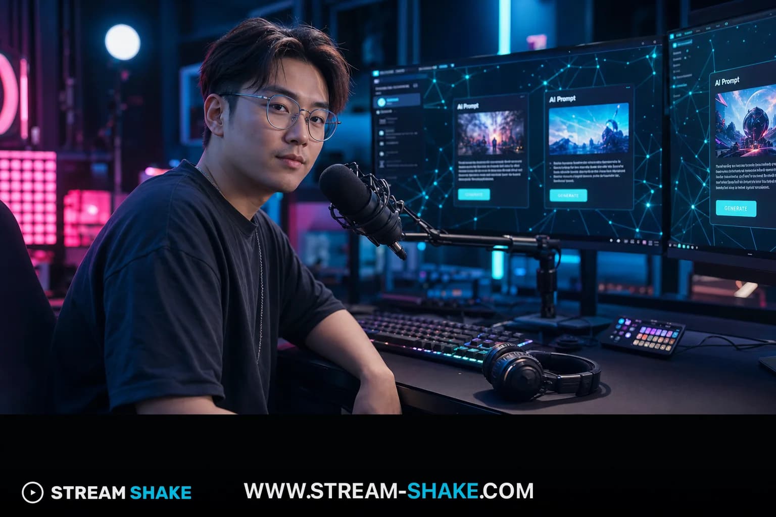 전문 바이노럴 ASMR 마이크에 속삭이는 사람, Stream Shake 워터마크가 은은하게 보입니다.