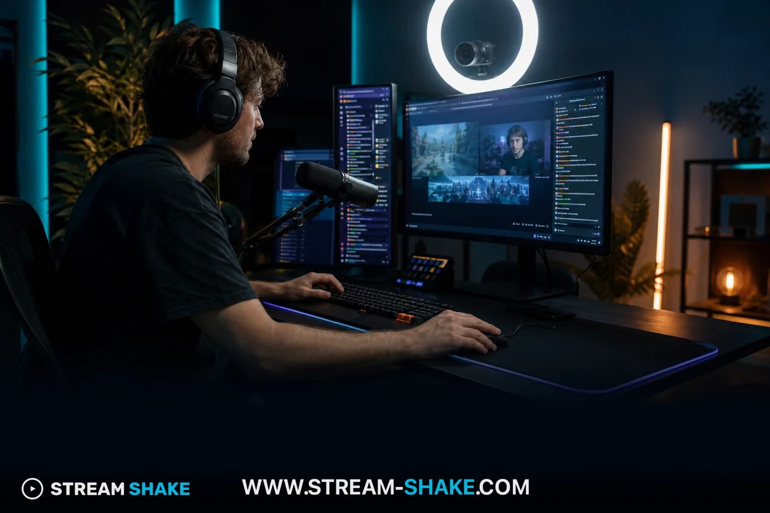 A streamer setup with a microphone, webcam, ring light, and monitor displaying a Twitch stream, symbolizing the reality of streaming in 2026.