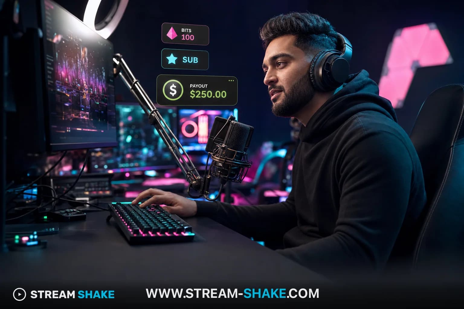Pokimane、Kyedae、Chicaを含むカナダ出身の女性Twitchストリーマーを、Twitch UI要素とともにダイナミックなコラージュで表現したビジュアル。