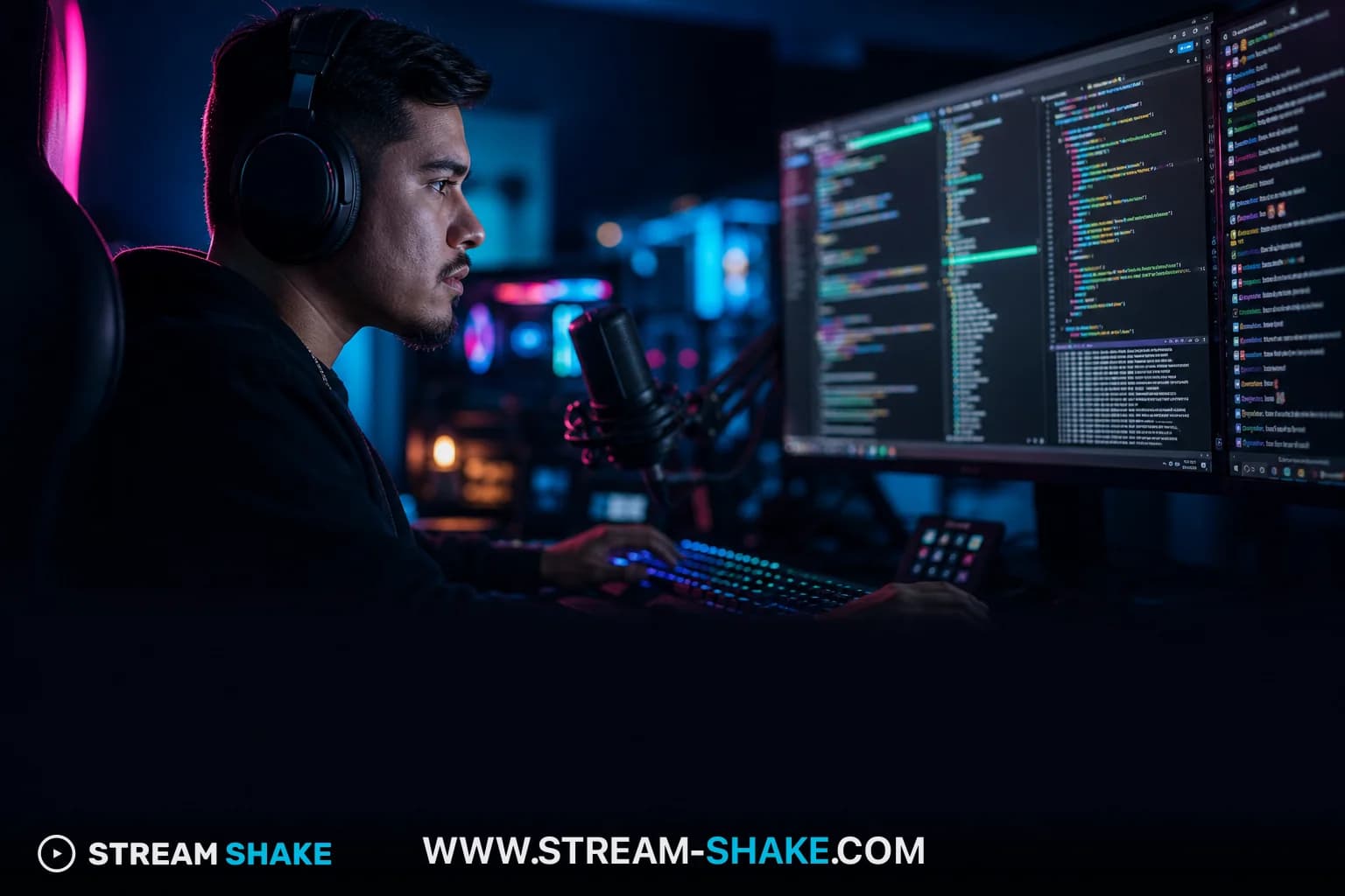 A close-up of hands typing code on a keyboard with colorful Twitch chat elements overlayed, symbolizing a coding Twitch streamer.