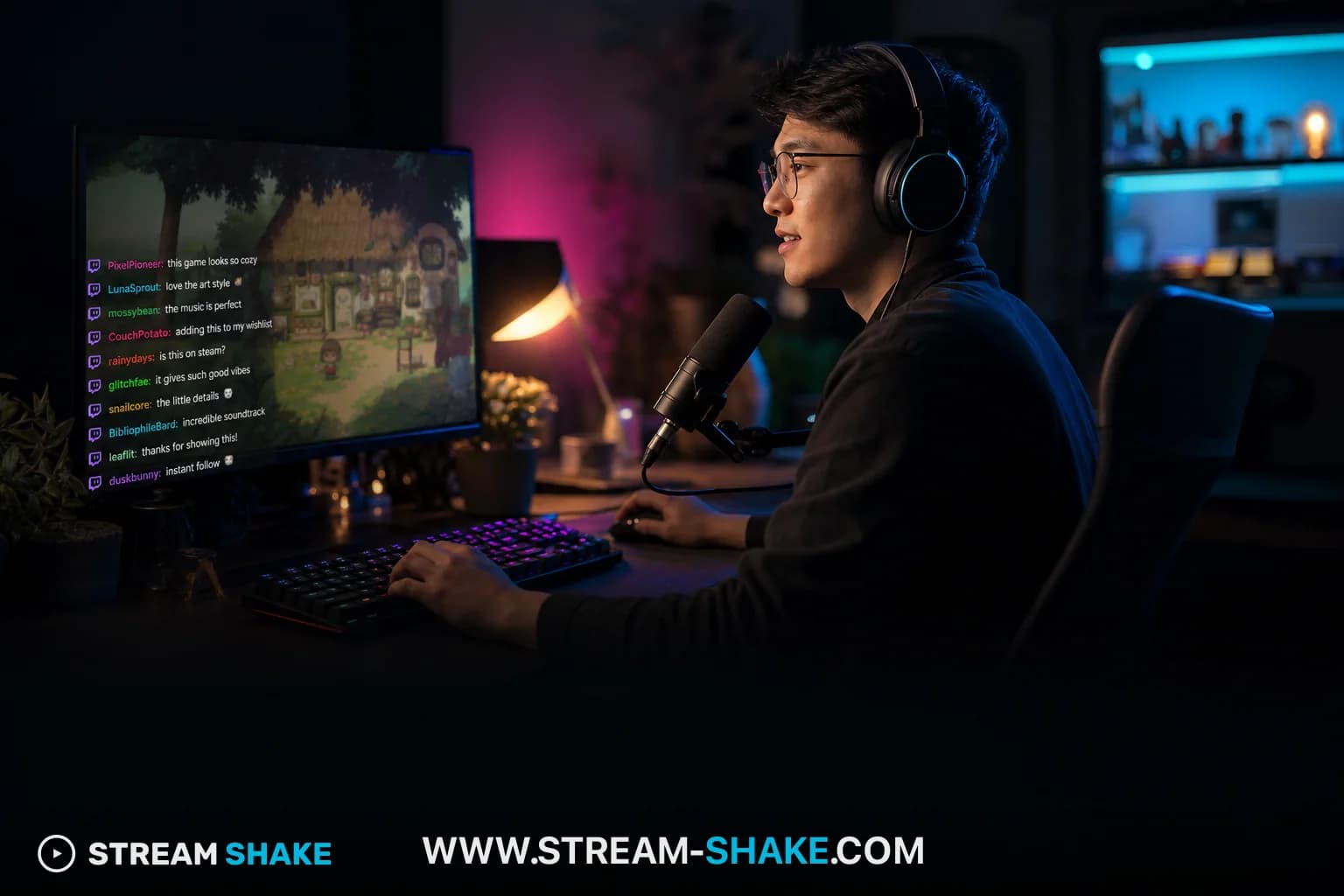 Eine Person, die friedlich ein gemütliches Spiel auf Twitch spielt, umgeben von warmem, sanftem Licht, mit einem Stream-Overlay, das das Chat-Engagement zeigt, und einer stressarmen Umgebung.