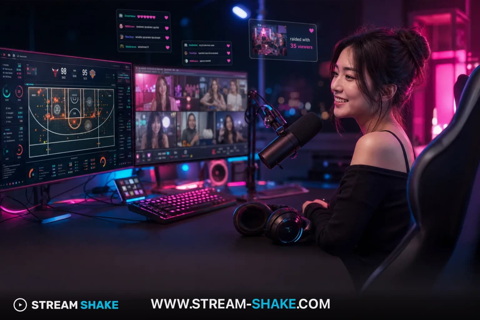 Twitchの配信オーバーレイが施されたF1レーシングカーが走行しており、F1とライブストリーミングの交差点を表現しています。