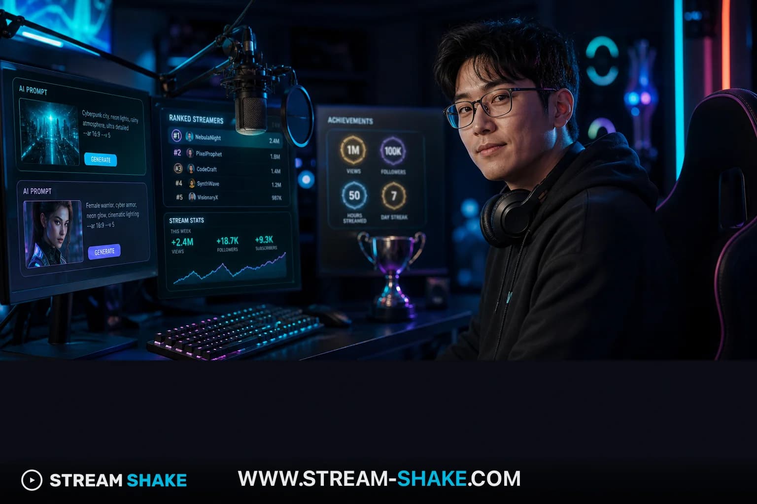 Kai Cenat、Ibai Llanos、Ninja、xQcといった最も有名なTwitchストリーマーが、光り輝くゲーミング要素と大勢の観客を背景に活気あるコラージュで描かれ、彼らの絶大な影響力とライブストリーミングの進化を象徴している。