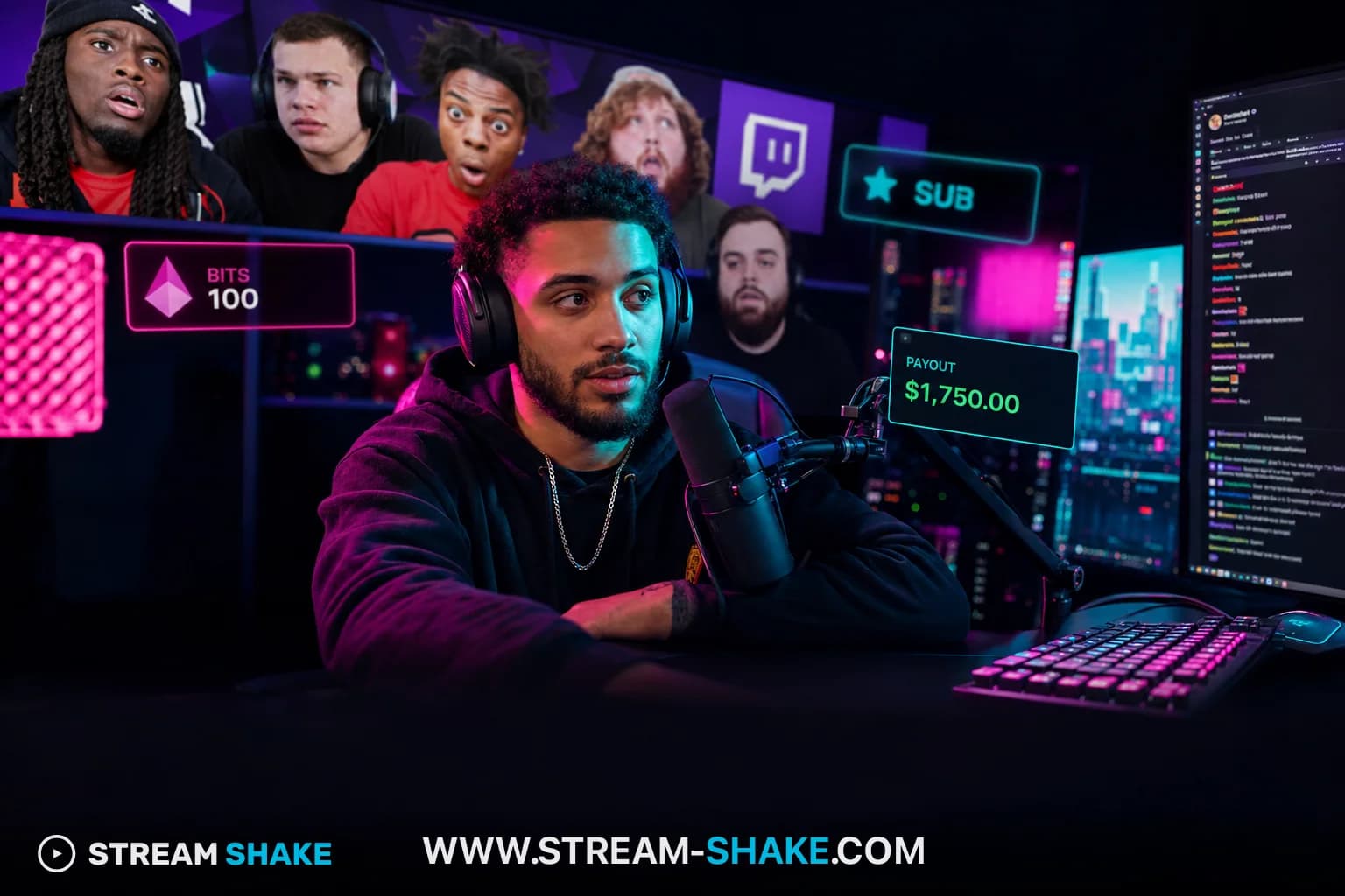 Kai Cenat、Jynxzi、IShowSpeed、CaseOh、Ibaiといった急成長中のTwitch配信者たちをフィーチャーしたコラージュ。背景には鮮やかな配信グラフィックとTwitchロゴが配されています。