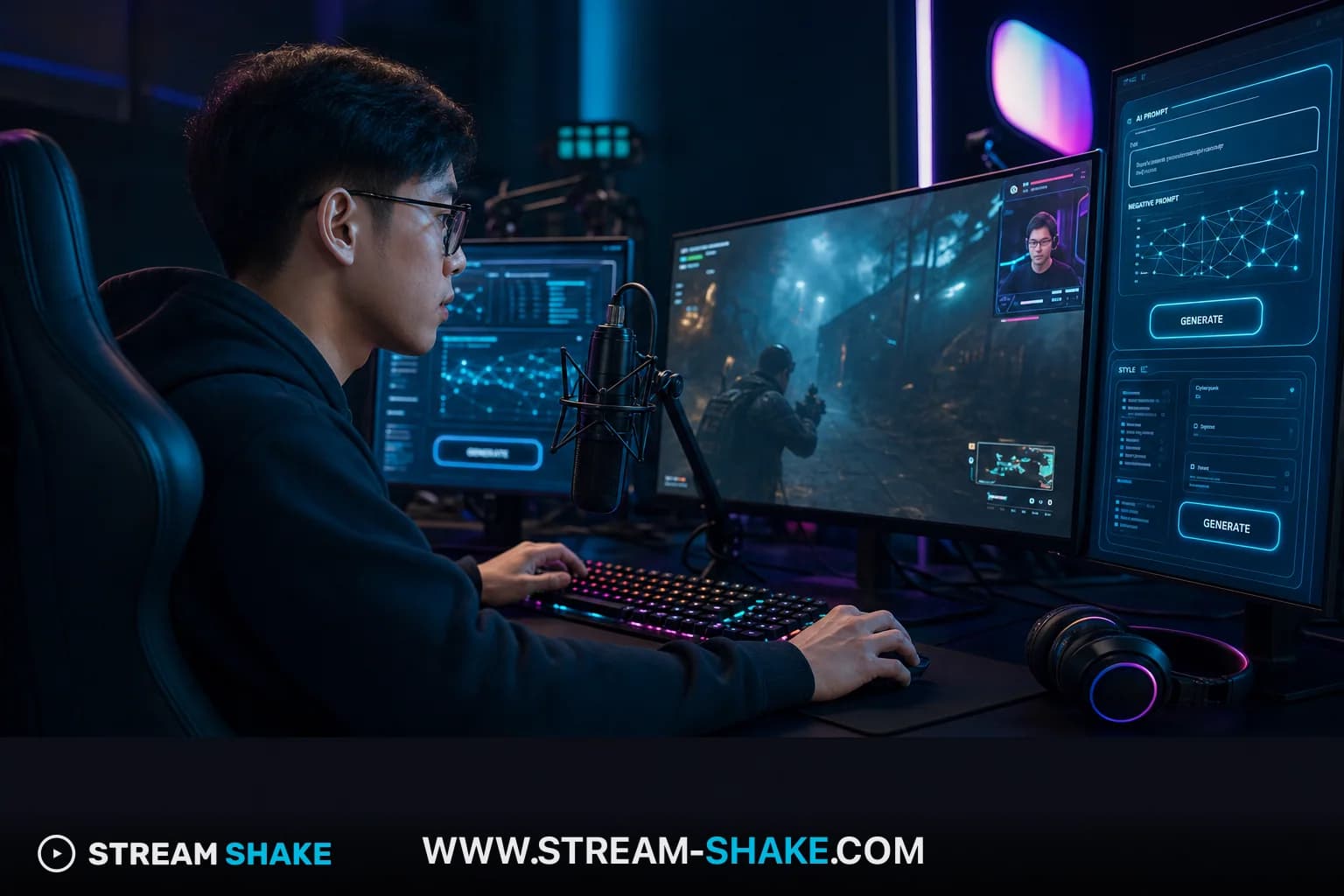 人気Fortnite Twitchストリーマーのイラスト。競技プレイと活発なコミュニティ交流を強調し、スタイライズされたFortnite島を背景に描かれています。