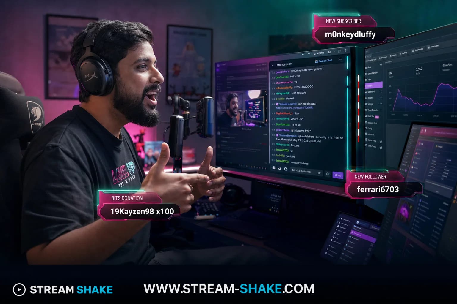 Ein Streamer, der leidenschaftlich mit dem Chat auf einem Multi-Monitor-Setup interagiert, umgeben von lebendiger Gaming-Ästhetik – Symbol für die Karriere eines Vollzeit-Twitch-Streamers in 2026.