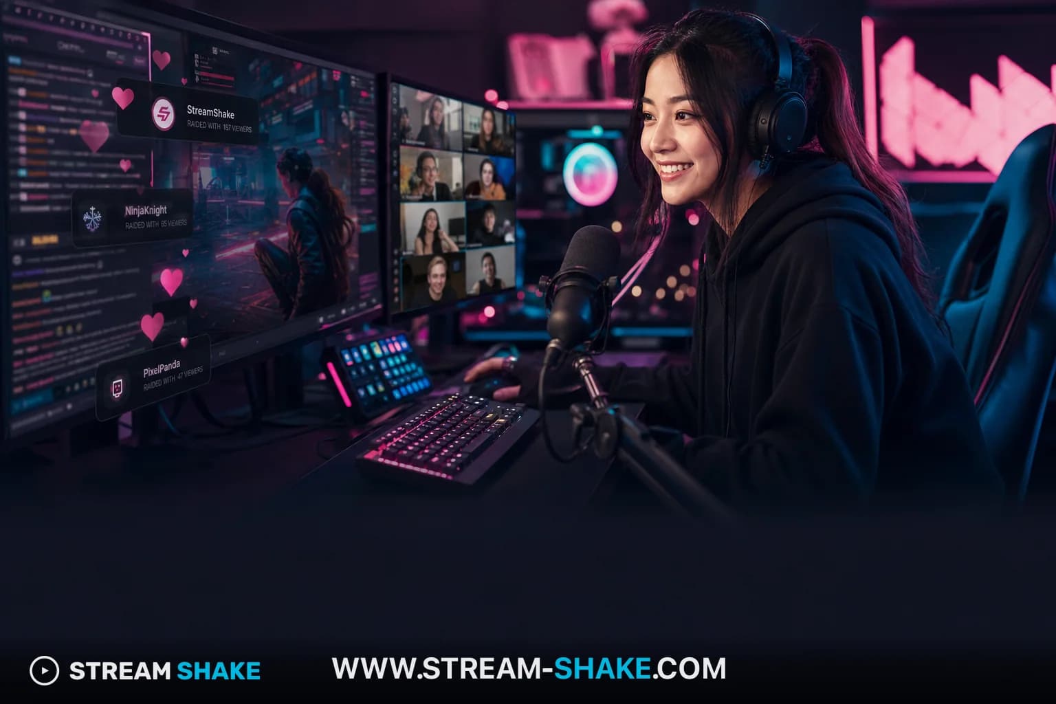 ゲームオーバーレイとチャットを表示しながら、Twitchで視聴者と交流するゲーミング配信者。Stream Shakeのロゴが控えめに統合されています。