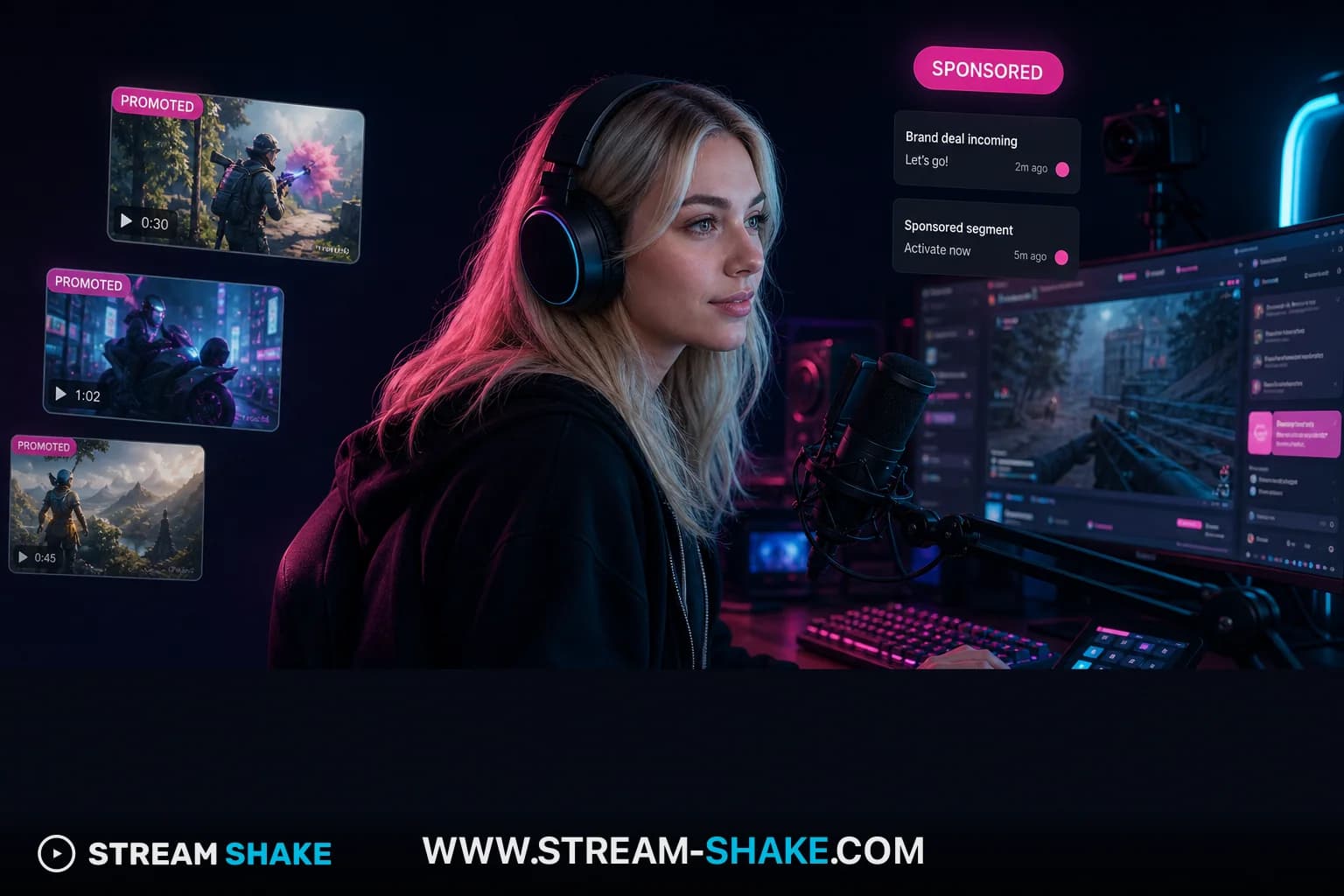 Overlay eines Streamers mit „Sponsored“-Abzeichen und Markenlogos, Zeichen für erfolgreiches Twitch-Sponsoring im Jahr 2026.