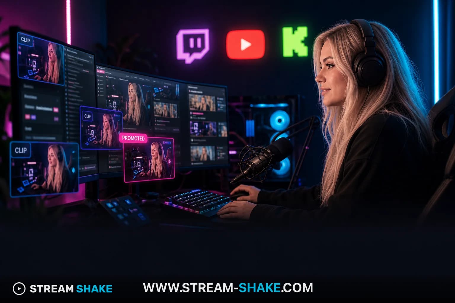 ヘッドフォンを装着し、複数のモニターを見つめる配信者。背景にはTwitch、YouTube、Kickのロゴがあり、マルチプラットフォーム戦略を象徴している。