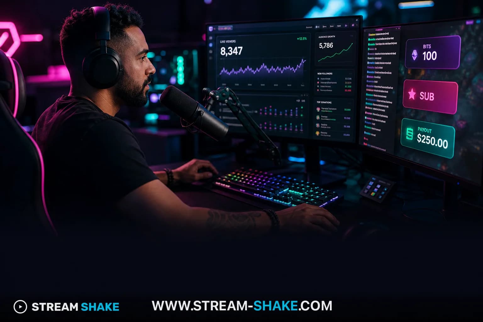 Büyük bir canlı yayın etkinliğinde coşkulu kalabalık, bir yayıncıyı gösteren arena ekranına odaklanmış, Twitch'in zirve izleyici kitlesini temsil ediyor.