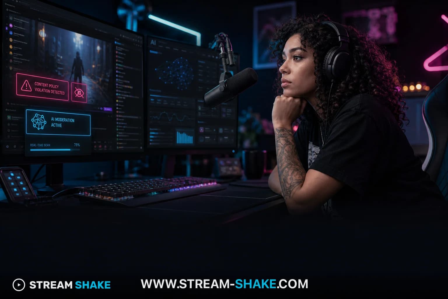 Stilisierte Illustration eines ratlos wirkenden Twitch-Streamers vor digitalem Glitch-Hintergrund und Warnsymbolen, als Sinnbild fuer Richtlinienkonflikte und den Kimmikka-Vorfall.