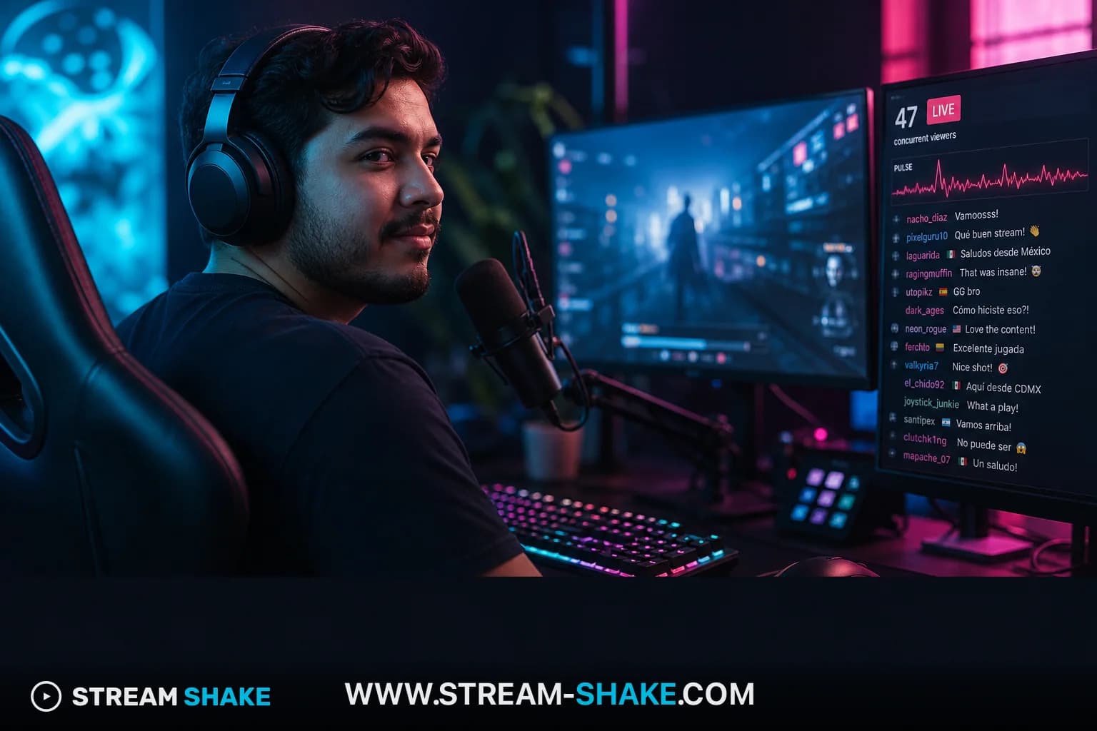 Çeşitli Koreli yayıncıları, bazıları sanal avatarlar ile, ikonik Seul simgelerinin ve Twitch, CHZZK, SOOP yayın platformu logolarının yer aldığı bir arka plan üzerinde gösteren bir illüstrasyon.