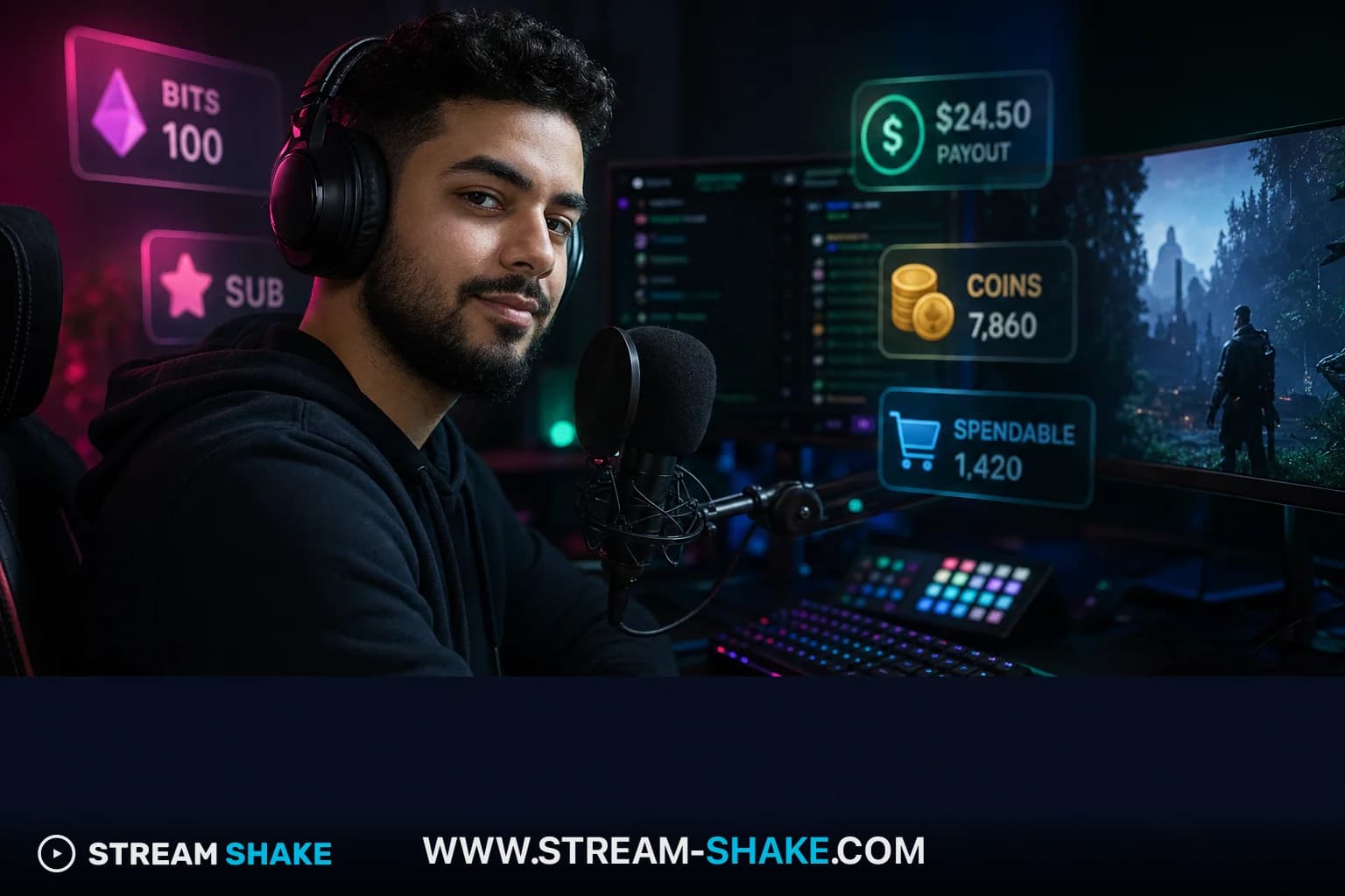Live stream monetization — creator at a streaming desk with subs, Bits, and payout UI overlays