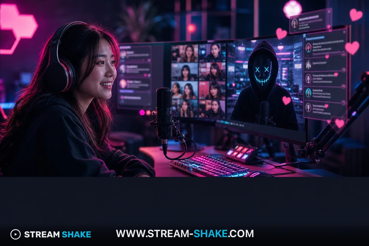 Gizemli, maskeli Twitch akışçı bir yuvalı oyun kurulumunun önünde oturur, kimlikleri gizlendi, anonim yayının enigma'sını sembolize eder.