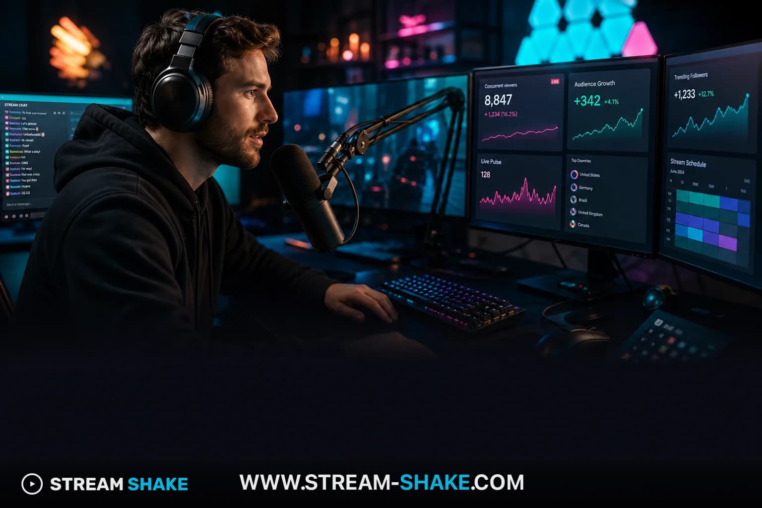 2026'da Twitch'te büyük bir kitleyi kutlayan, canlı ve etkileşimli bir sohbet akışıyla çevrili bir yayıncı, zirve izleyici sayısını ve başarılı büyümeyi simgeliyor.