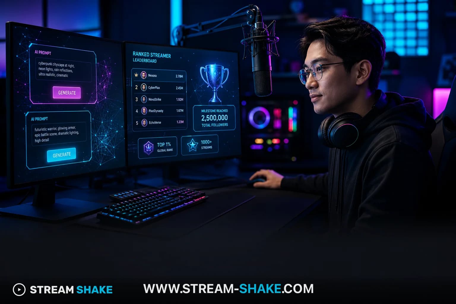 Uma colagem de streamers populares da Twitch com texto em negrito sobreposto 'Most Viewed Twitch Streamers 2026', mostrando o cenário dinâmico e competitivo do streaming.