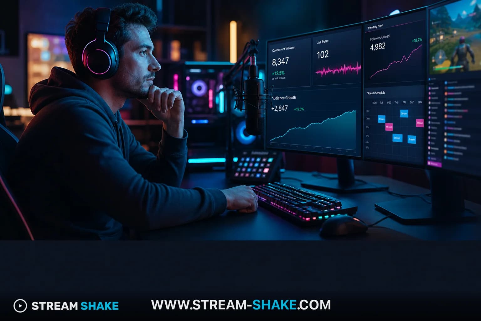 Une image vibrante et dynamique montrant un groupe diversifié de grands streamers Twitch à l'écran, avec des statistiques d'audience superposées et des icônes de tendance, représentant le paysage concurrentiel du streaming en 2026.