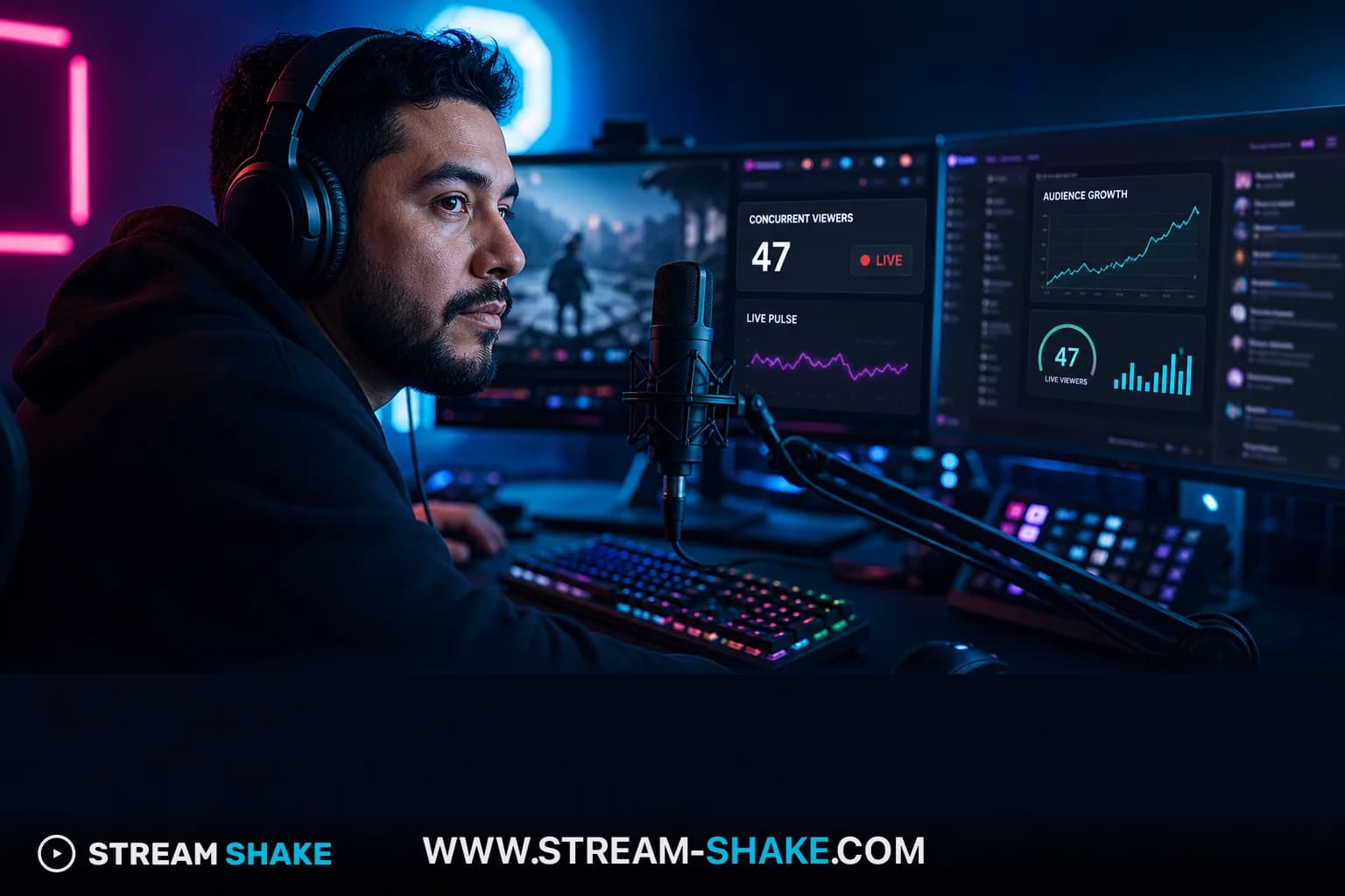 Un collage montrant des streamers Twitch populaires comme Kai Cenat, HasanAbi et Jynxzi avec le filigrane du logo Stream Shake.