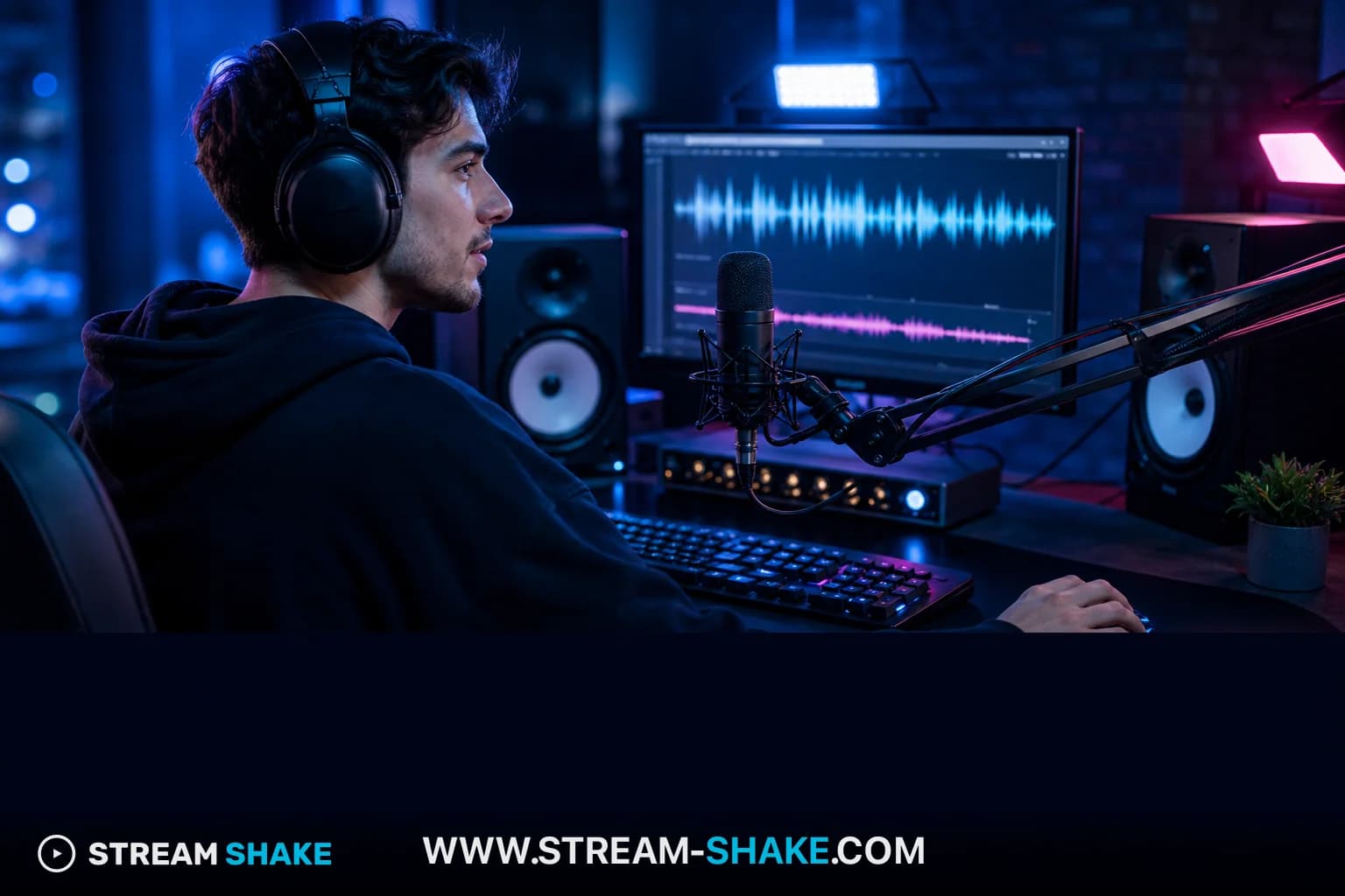 Ein Twitch-Streamer mit Kopfhörern blickt auf mehrere Monitore, die Chat und ein Spiel anzeigen, umgeben von sanft schwebenden Noten, die die legale und sichere Musikintegration symbolisieren.