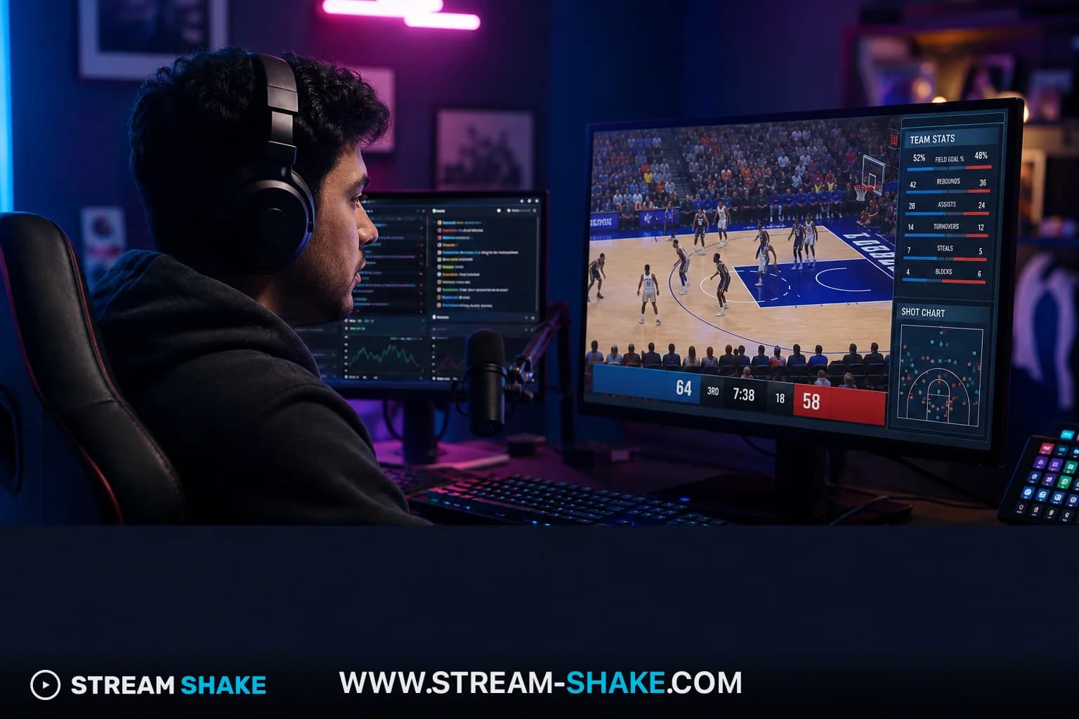 NBA-Spieler und Gamer streamen auf Twitch, mit Basketballfeld-Grafiken und Twitch-Oberflächenelementen.
