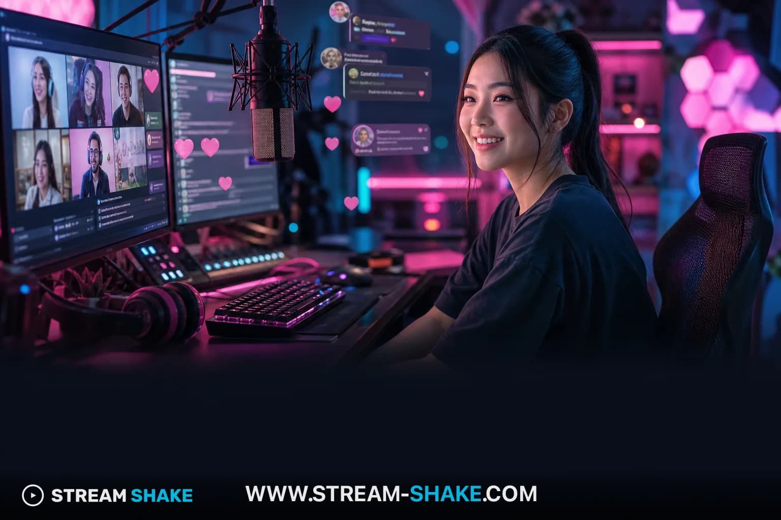 Un streamer aux lumières néon dans une configuration de jeu futuriste, symbolisant les défis modernes de la croissance sur Twitch et le branding dynamique.