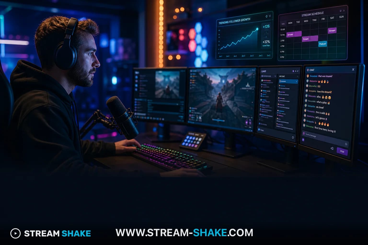 Un setup de bureau moderne et vibrant pour un nouveau streamer Twitch avec plusieurs écrans affichant le chat et le jeu, symbole du blueprint vers le succès.