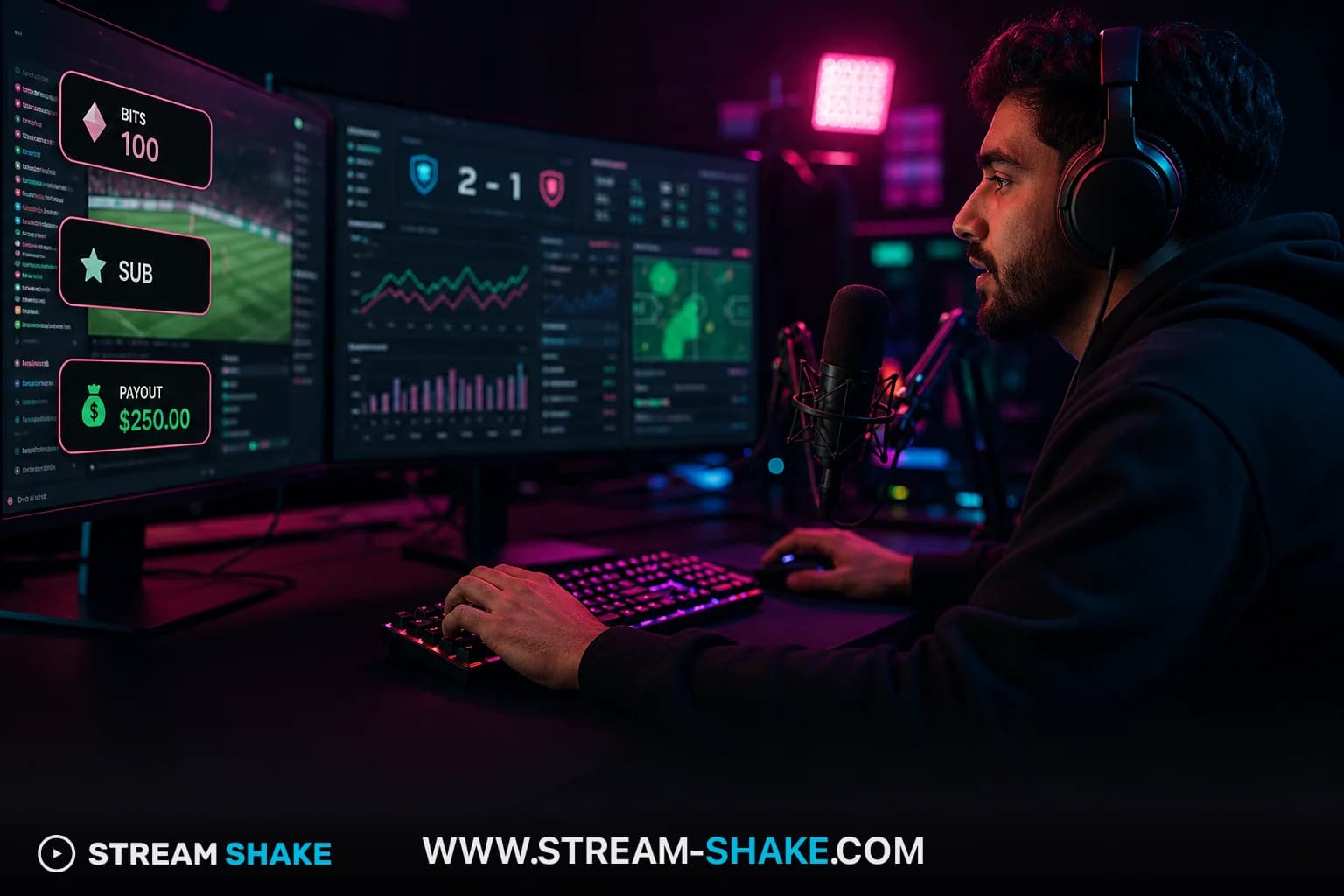 Overlay d'un streamer sur le thème NFL, affichant les statistiques des joueurs et une fenêtre de chat, avec un terrain de football américain en arrière-plan.