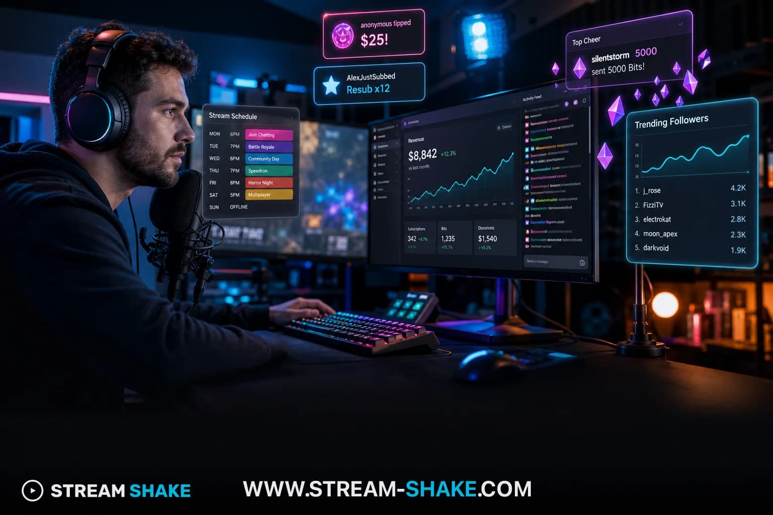 Un streamer Twitch contemplant les complexités de la connexion avec OnlyFans, avec des documents de politique et des graphiques financiers en arrière-plan, dans une esthétique numérique moderne.