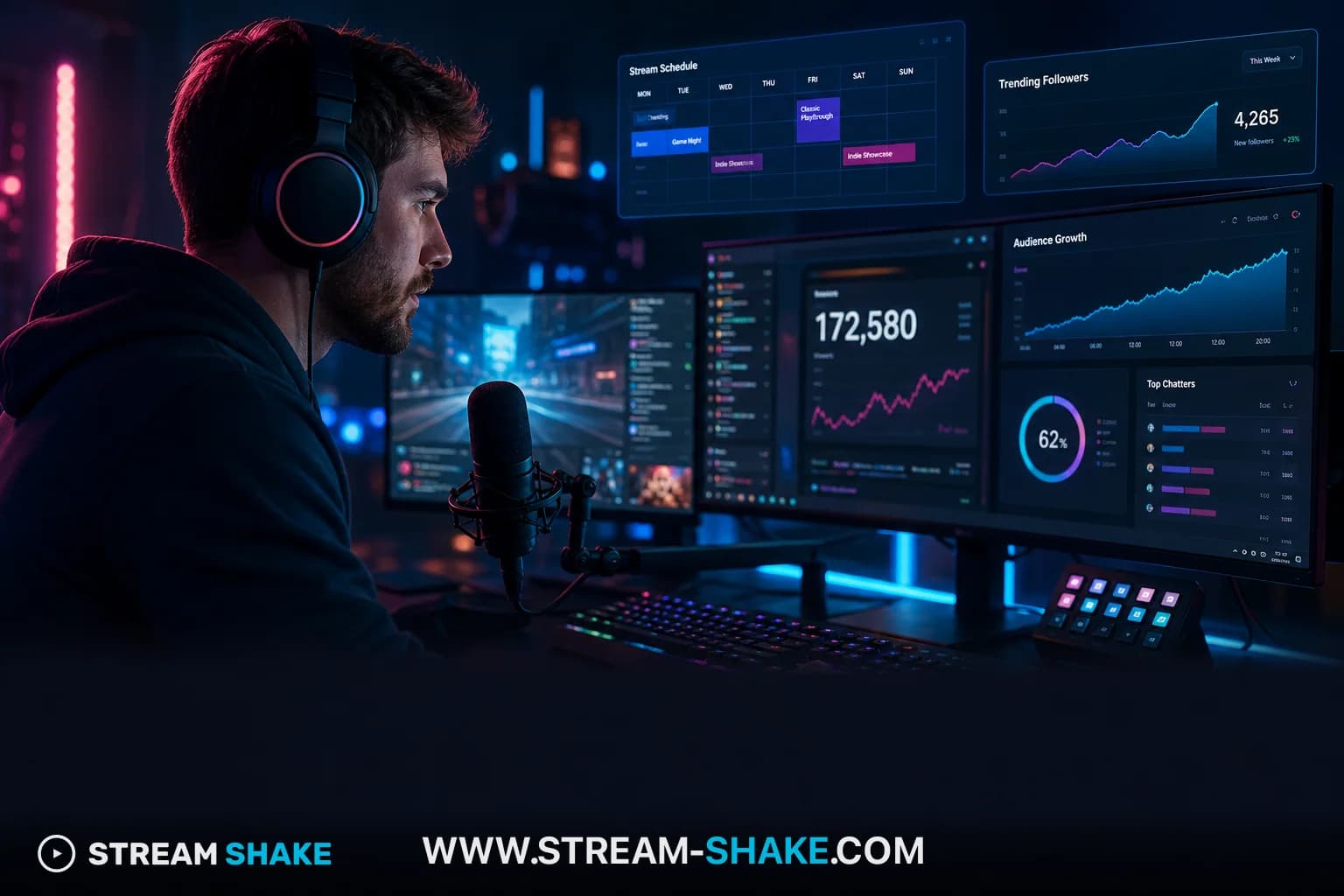 Une superposition de stream Overwatch affichant le gameplay avec une caméra de streamer et le chat, avec le texte "Overwatch Streaming in 2026".