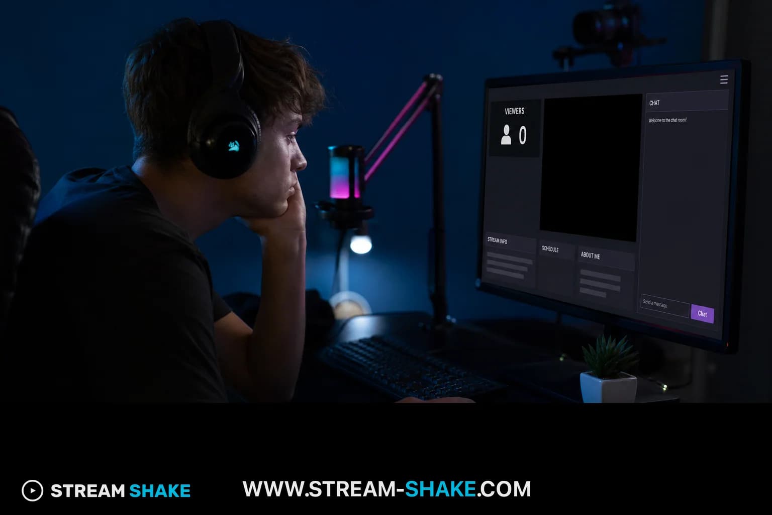 Ein Streamer blickt entmutigt auf ein leeres Chat-Fenster und eine Zuschauerzahl von null auf Twitch – ein Symbol für die häufige Herausforderung der Auffindbarkeit.