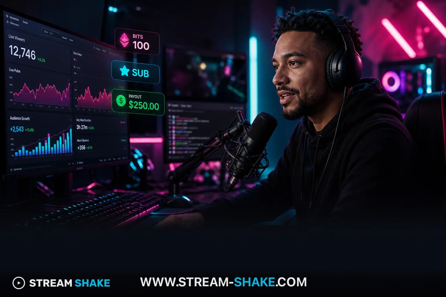 Kolase streamer Twitch teratas seperti Kai Cenat, Ibai Llanos, dan xQc dengan grafis streaming yang vibrant, melambangkan pertumbuhan kompetitif di 2026.
