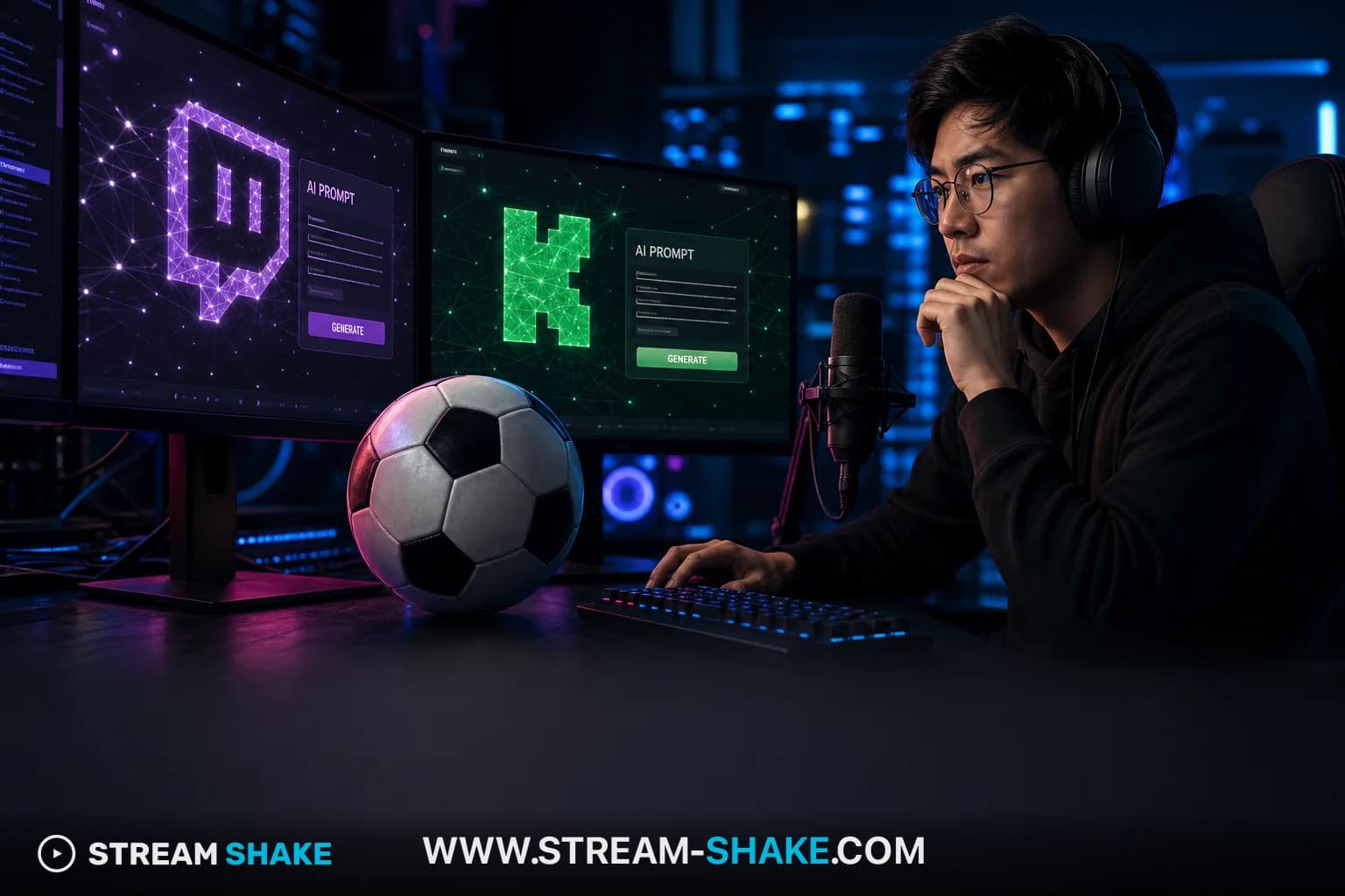 Ilustrasi dinamis yang menggambarkan persaingan antara Twitch dan Kick, dengan bola sepak di latar depan, melambangkan 'The Kick Off' dan sifat kompetitif platform streaming.