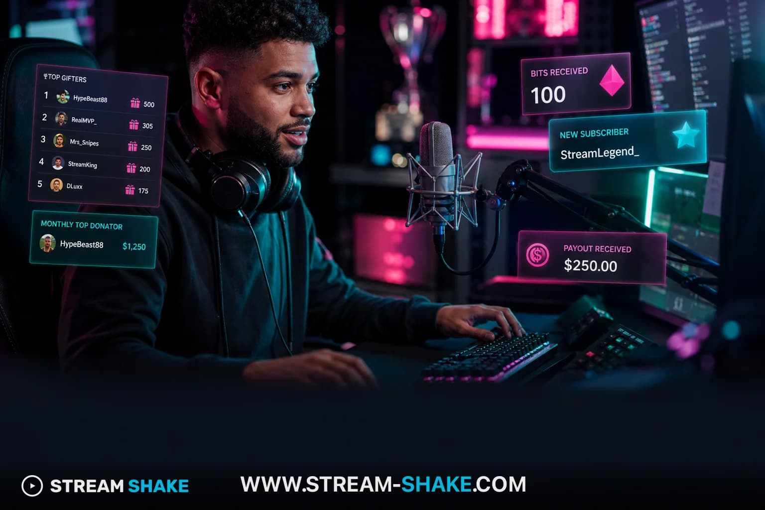 Kolase menampilkan streamer Twitch populer seperti Kai Cenat, Ninja, dan Neuro-sama, dikelilingi oleh grafik analitik dan elemen antarmuka streaming langsung, mewakili lanskap beragam popularitas Twitch pada tahun 2026.