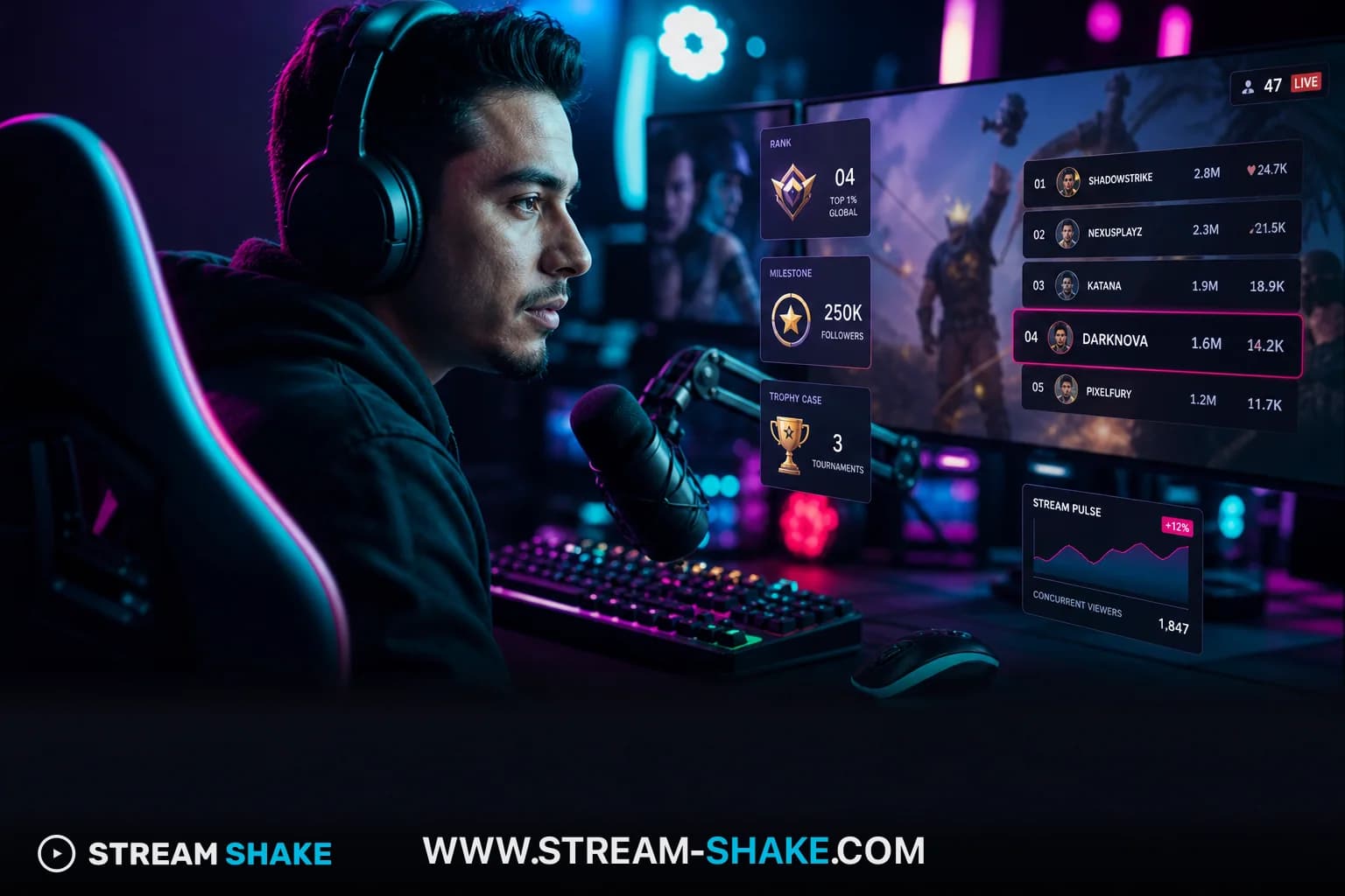 Sebuah kolase cerah menampilkan wajah-wajah streamer Twitch terkemuka seperti Kai Cenat, Ibai, dan Ninja, dengan logo Stream Shake terintegrasi secara halus di latar belakang.