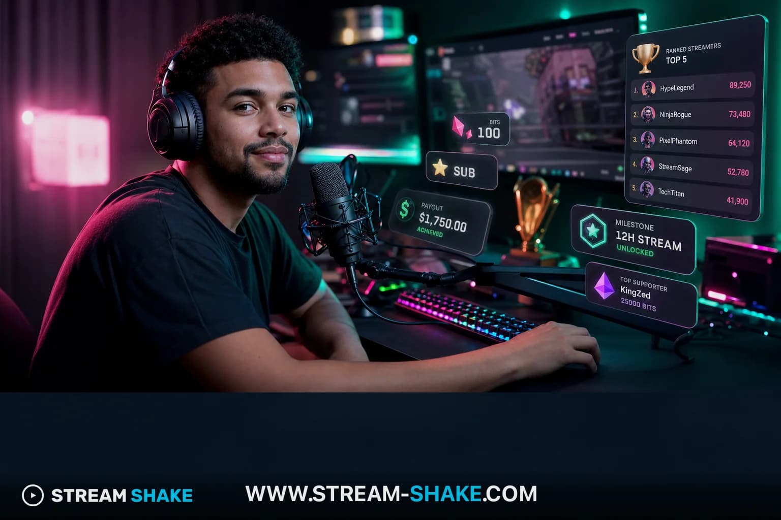 Seorang streamer Twitch duduk di depan beberapa monitor, menampilkan statistik penonton dan obrolan, dikelilingi oleh lampu neon yang terang, melambangkan lanskap kompetitif streamer Twitch teratas pada tahun 2026.