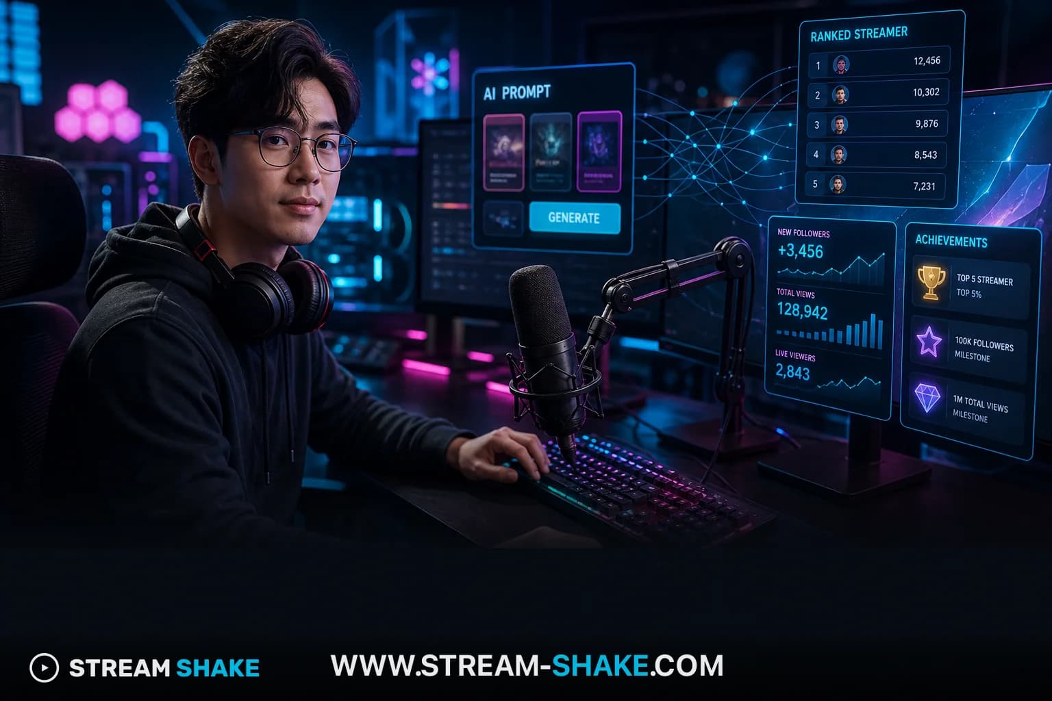 Sebuah montase yang menampilkan 5 streamer top Twitch Kai Cenat, Ibai Llanos, Ninja, Auronplay, dan Rubius, dengan merek Twitch bergaya dan overlay '2026'.