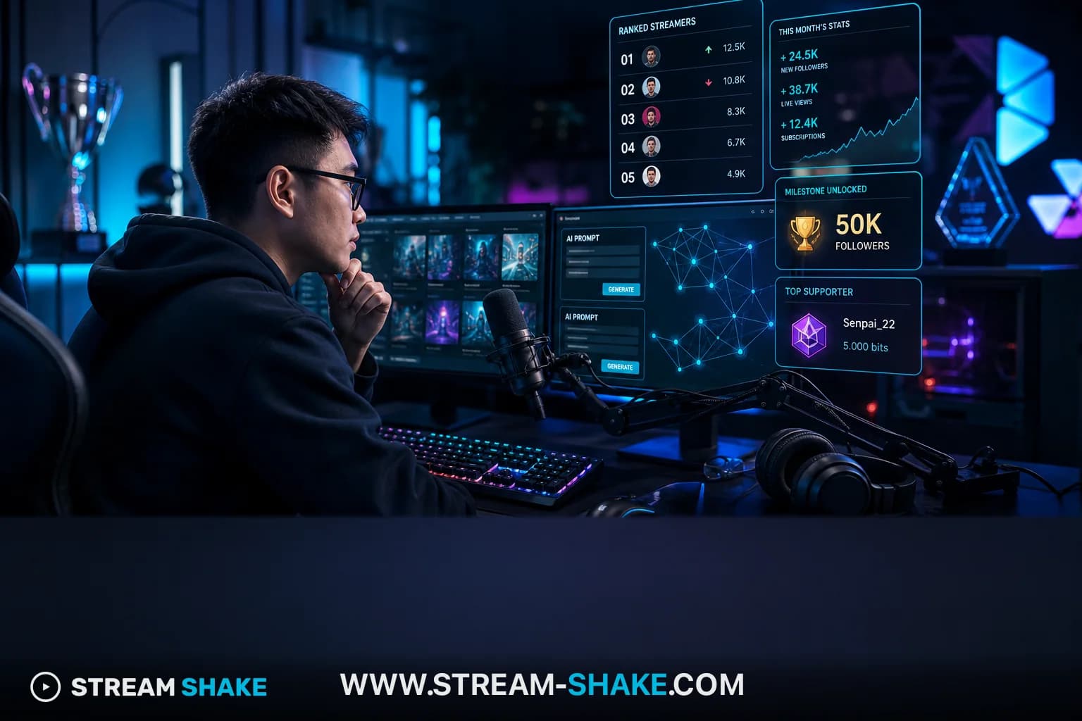 Kolase 10 streamer Twitch teratas tahun 2026, menampilkan tokoh populer seperti Kai Cenat dan Ibai Llanos, dengan fokus pada budaya streaming yang semarak.
