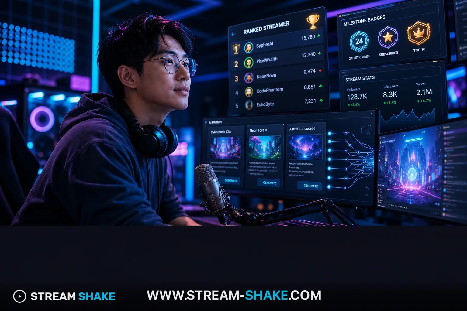 أبرز مبثوثي Twitch الإسبان مثل Ibai وAuronplay وRubius، مع علامة Stream Shake المائية.