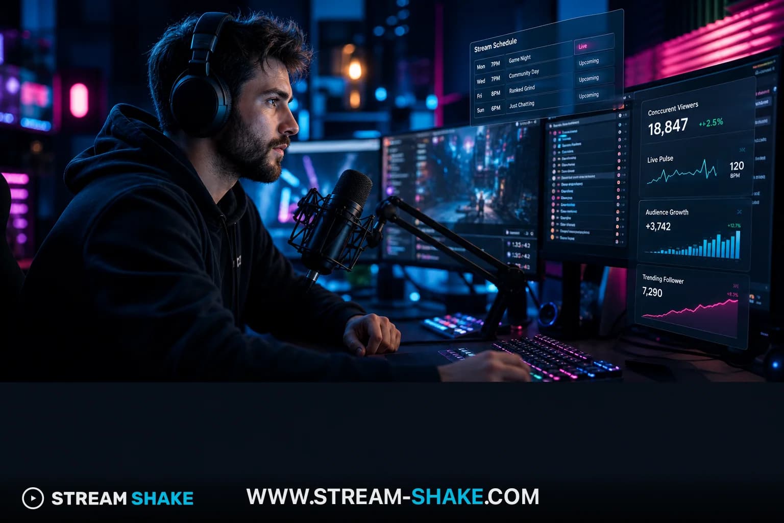 واجهة بث Twitch تظهر عددًا كبيرًا من المشاهدين مع علامة مائية لشعار Stream Shake في الزاوية، ترمز إلى النمو والسياسات.