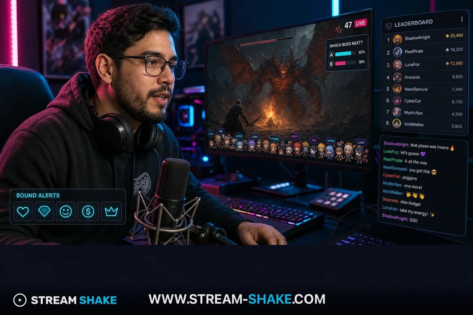 Twitch streamer dashboard with active extensions — polls, sound alerts and viewer avatars on screen