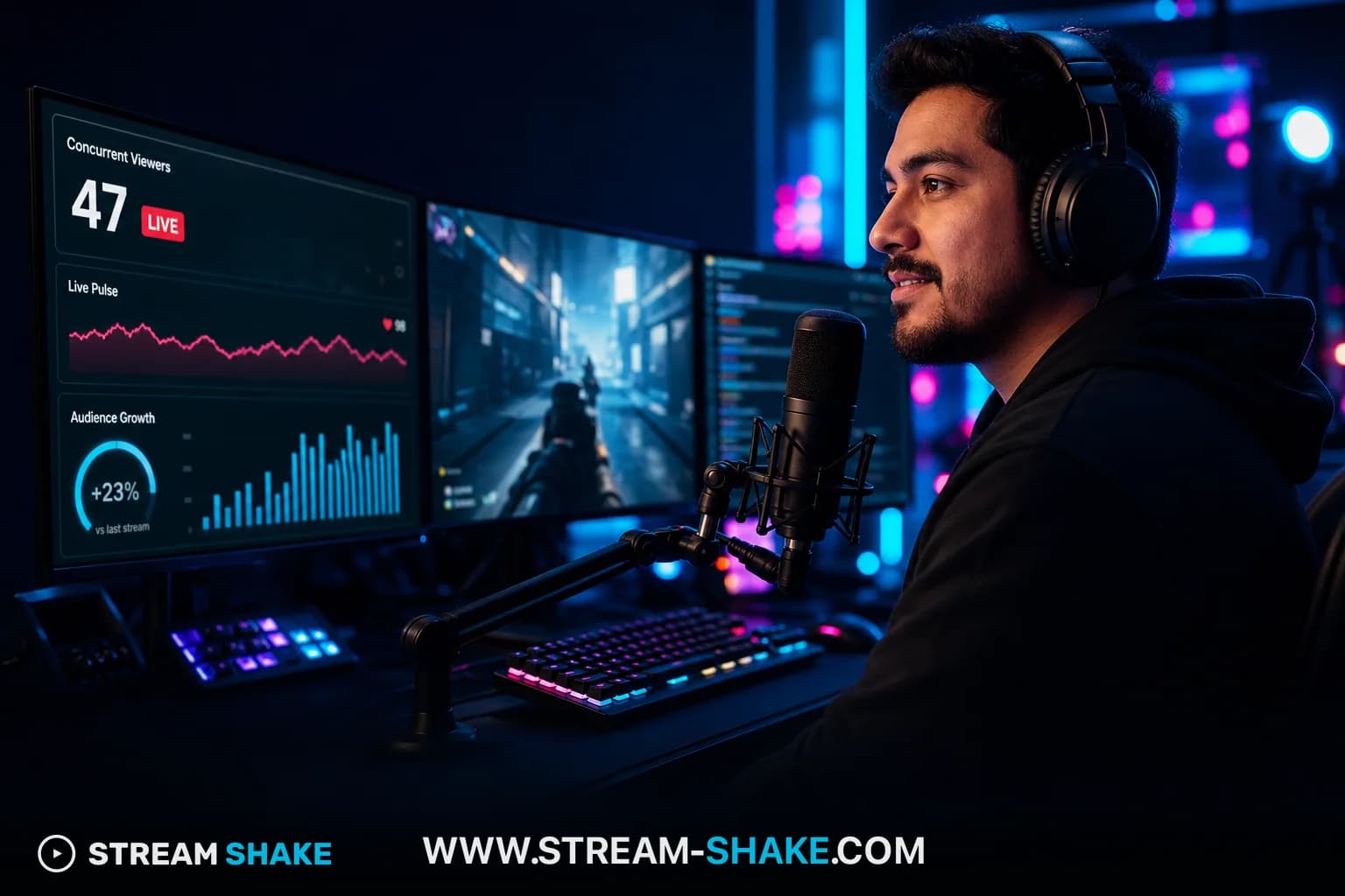 صورة حيوية وديناميكية تعرض مجموعة متنوعة من كبار مبثوثي Twitch على الشاشة، مع إحصائيات المشاهدة المتراكبة وأيقونات الاتجاهات، تمثل مشهد البث التنافسي في عام 2026.