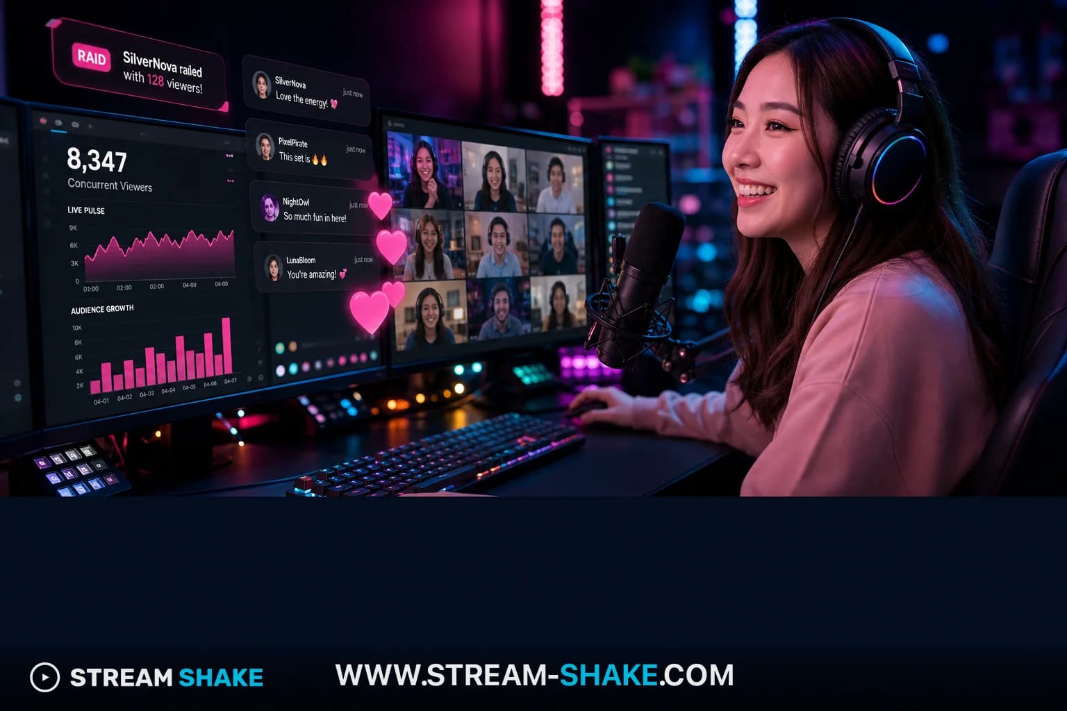 فسيفساء من ستريمرز تويتش المشهورين مع عدد المشاهدين المتزامنين، مرسوم عليها علامة Stream Shake المائية، مما يشير إلى نسب مشاهدة عالية واتجاهات المنصة.
