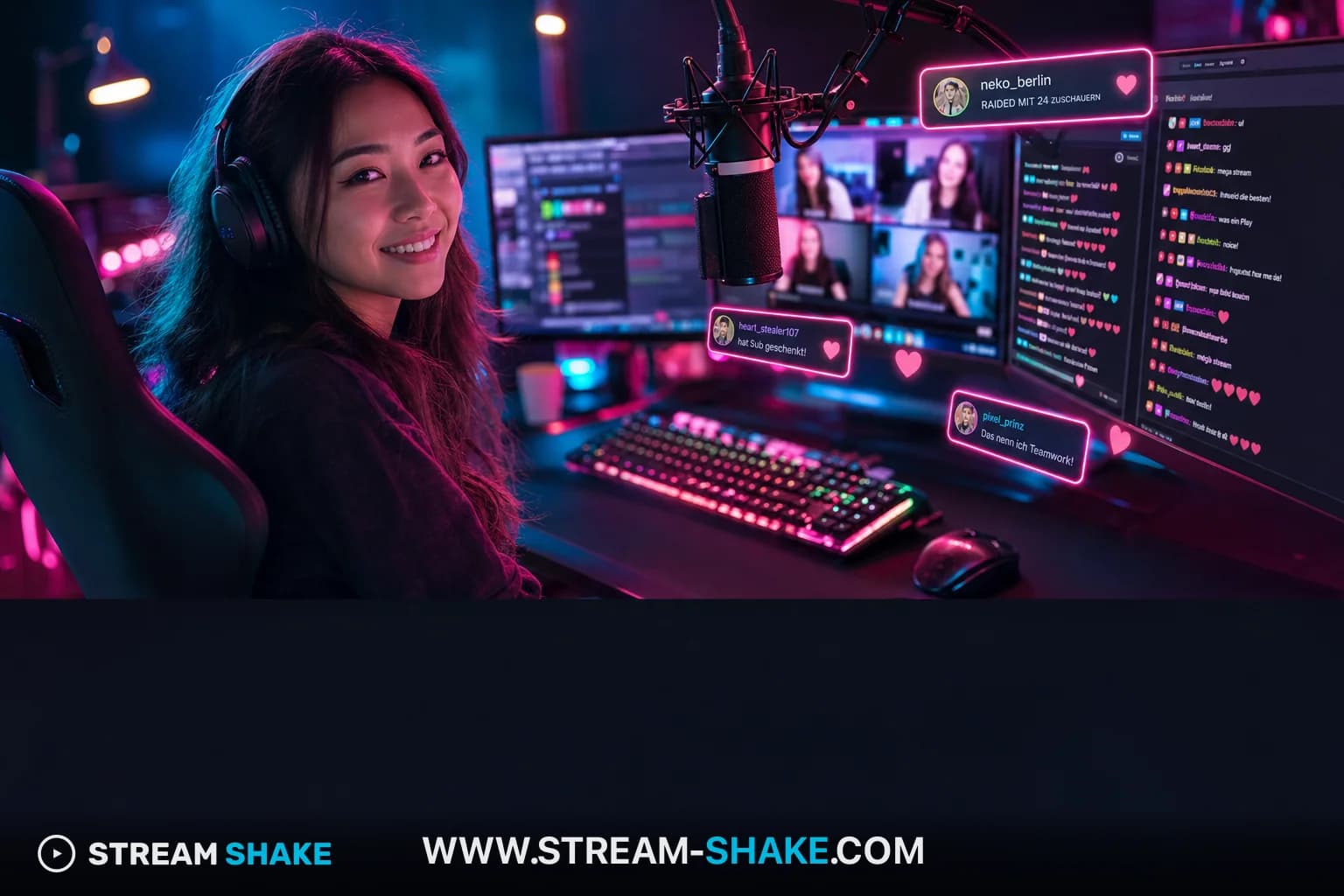 A German Twitch streamer with a neon overlay and a chat window, representing the vibrant streaming community in Germany.