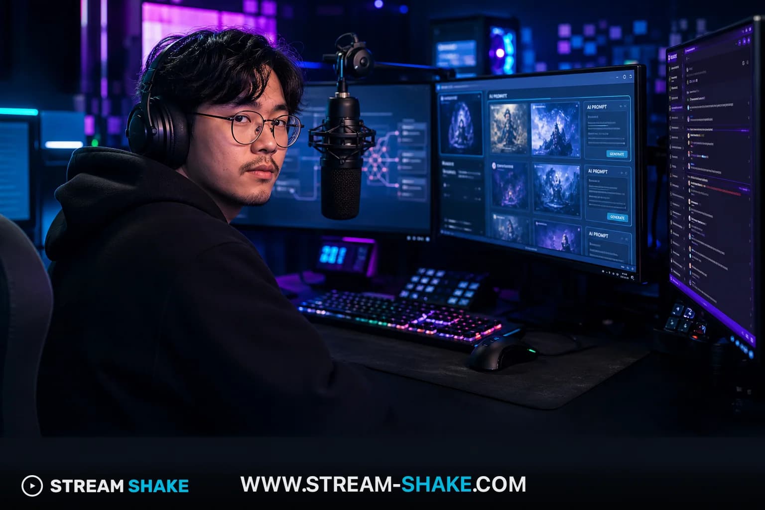 A vibrant purple Discord server overlayed on a Twitch stream with chat messages, symbolizing the synergy between the two platforms for streamer community growth in 2026.