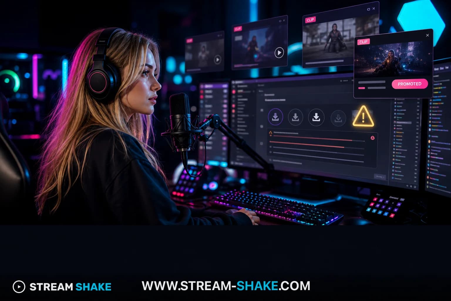 A streamer's dashboard with download icons and a warning symbol, symbolizing Twitch VOD archival challenges and third-party software risks in 2026.