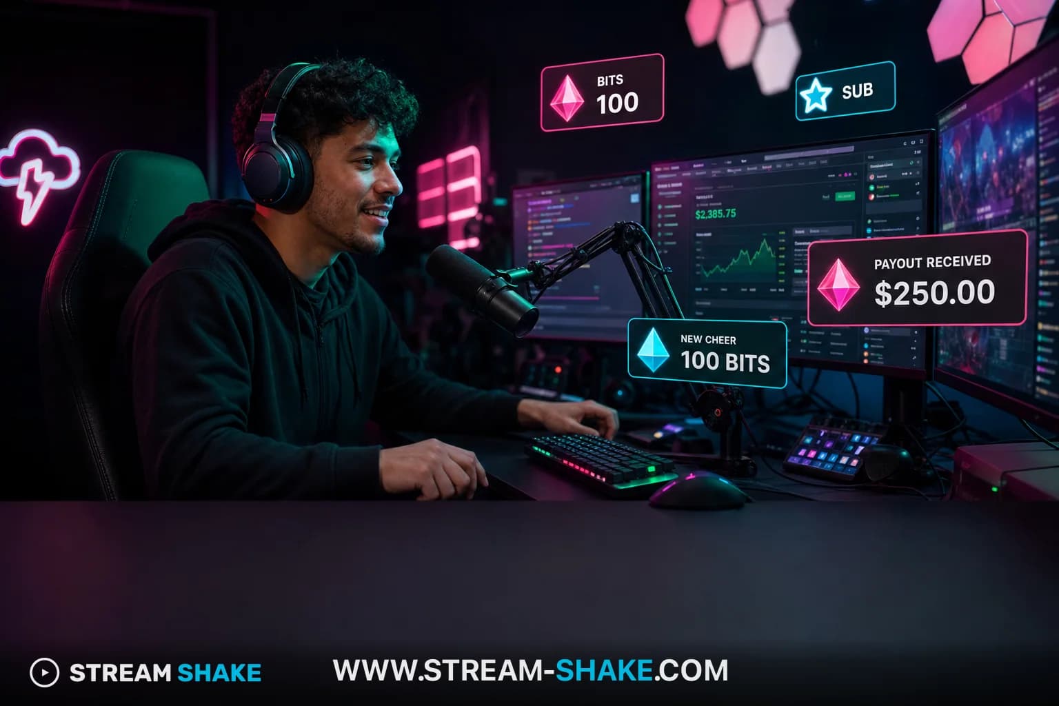 Twitch streamer looking at a screen with earnings data, surrounded by stream elements, representing Twitch streamer income in 2026.